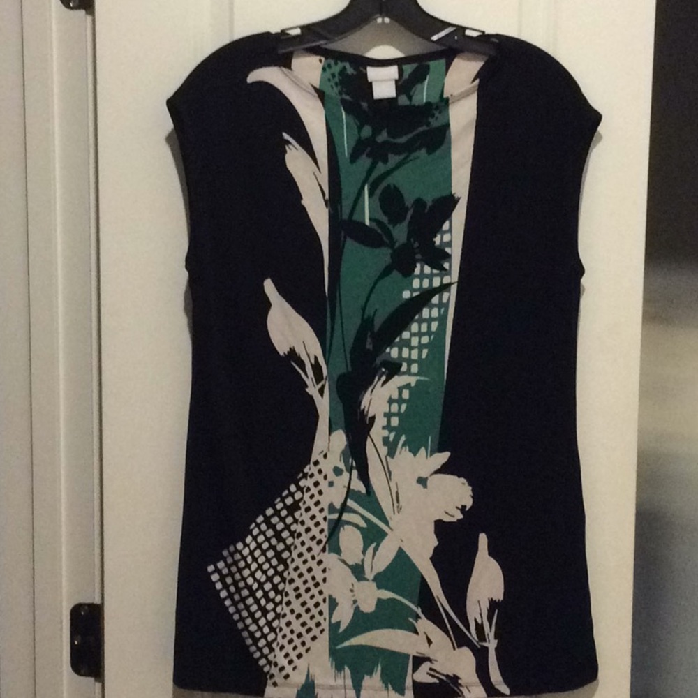 Chico’s stretchy knit top abstract green black off white size 8-10 cap sleeve